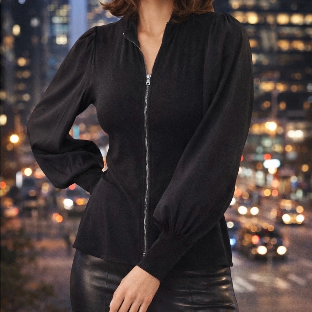 Lola & Sophie Black Balloon Sleeve Zip Up Top Jacket Large Elevated Basic EUC